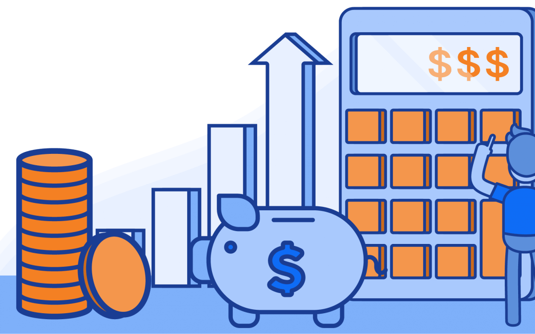 Illustration of a calculator, piggy bank, coins, and a chart